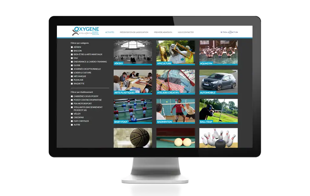 Page liste des sections du site