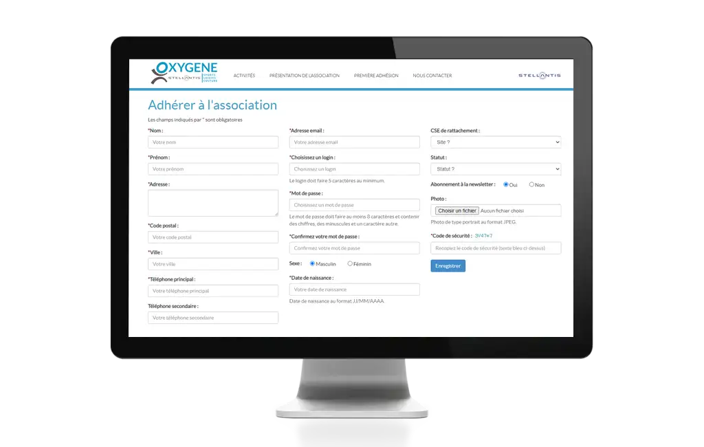 Page  formulaire d'adhésion